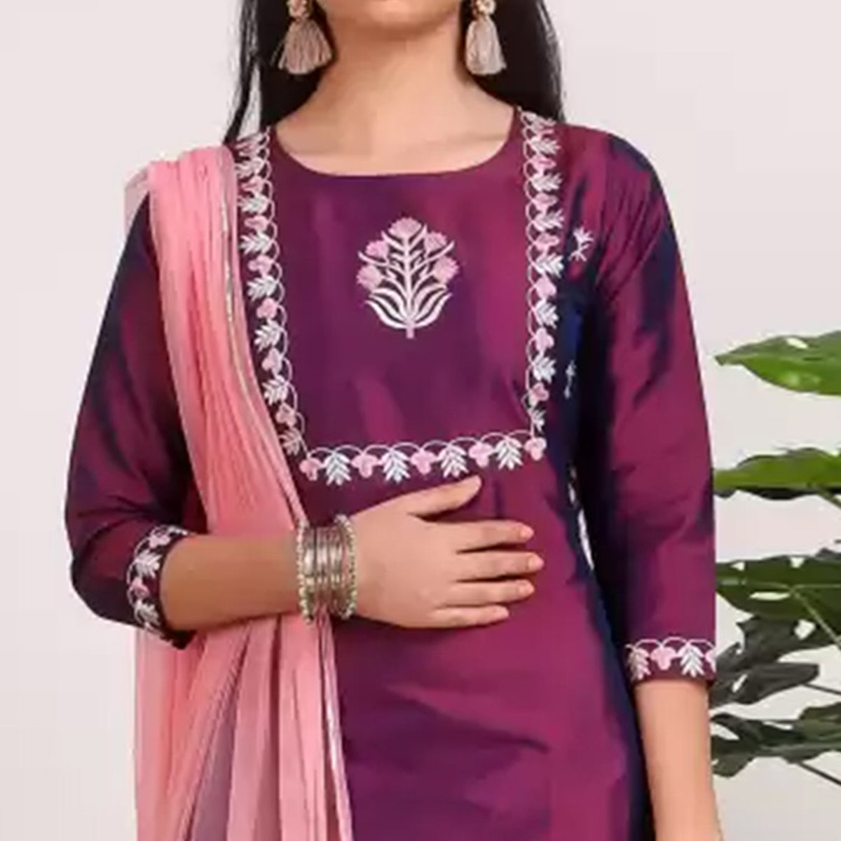 Purple Floral Embroidered Cotton Silk Suit