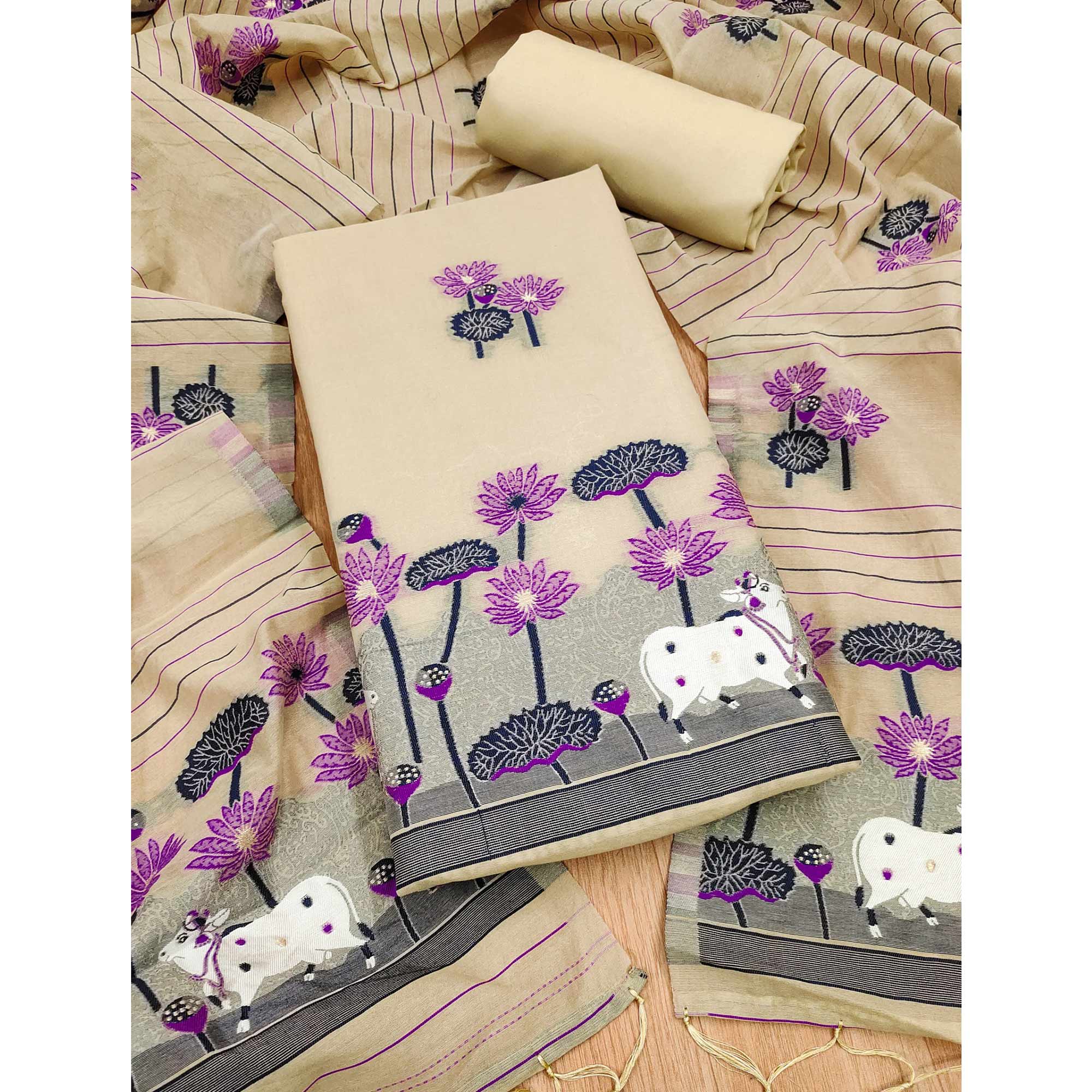 Chikoo Cotton Blend Dress Material With Intricate Floral Zari Weaving Detail