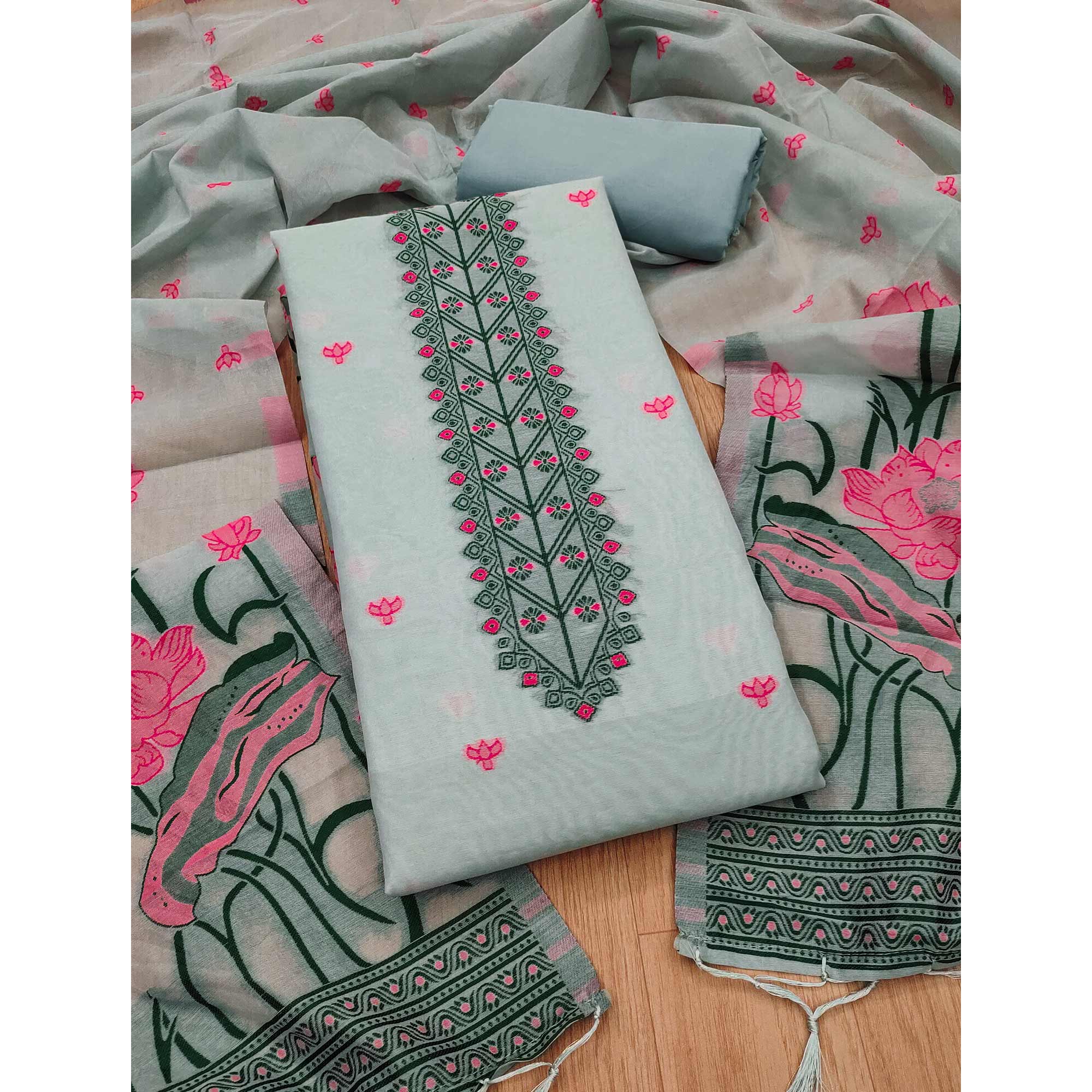 Grey Ethnic Dress Material Showcasing Handloom Style Floral Zari Weaving