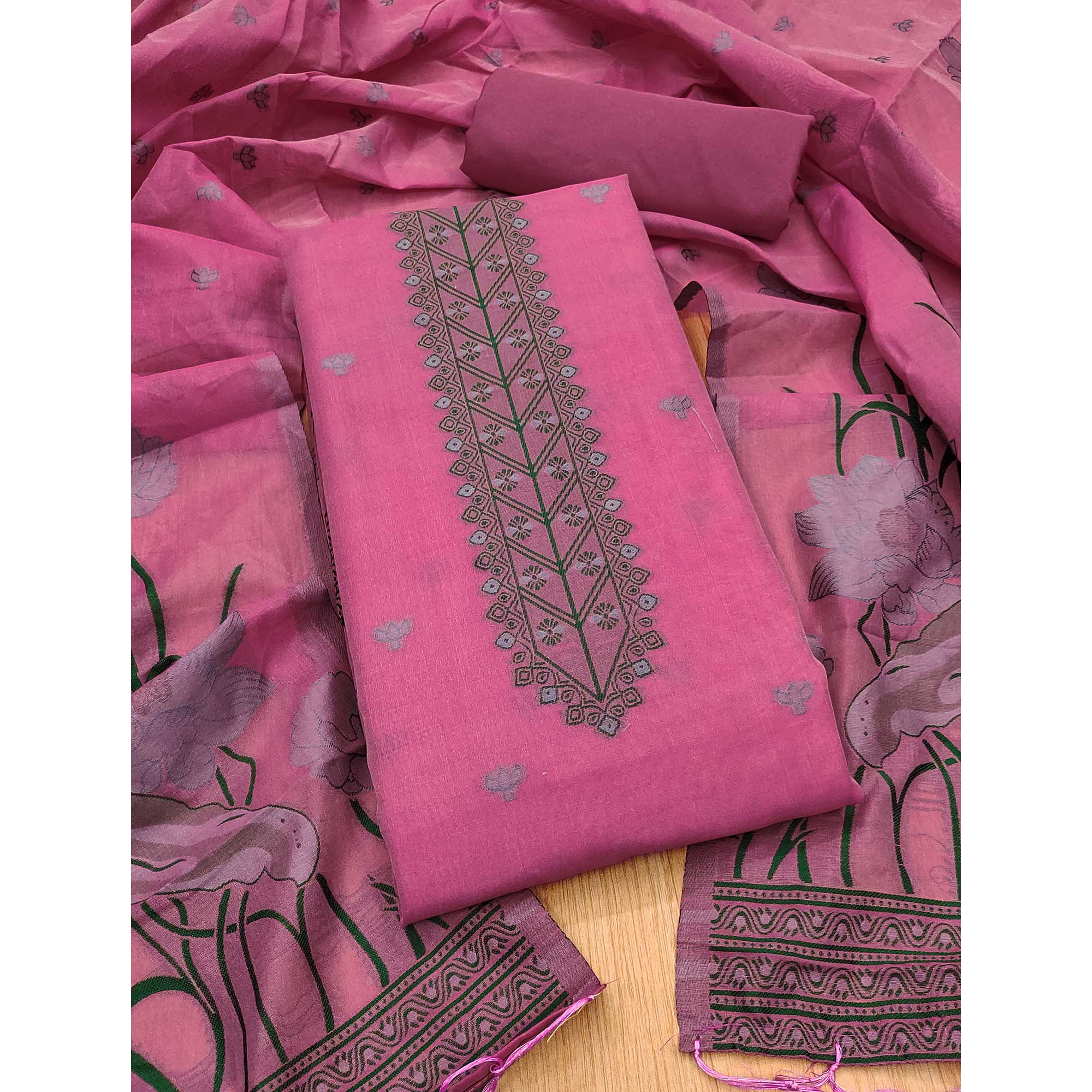 Pink Ethnic Dress Material Showcasing Handloom Style Floral Zari Weaving
