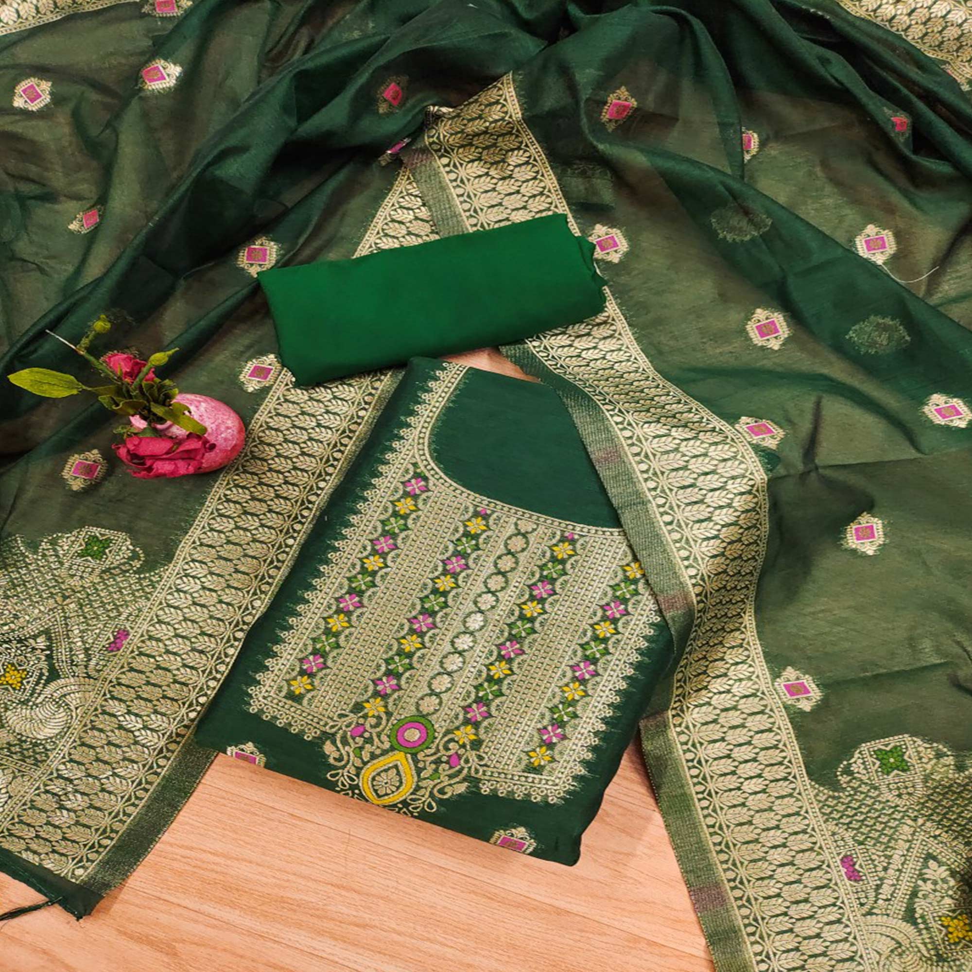 Green Floral Woven Chanderi Dress Material