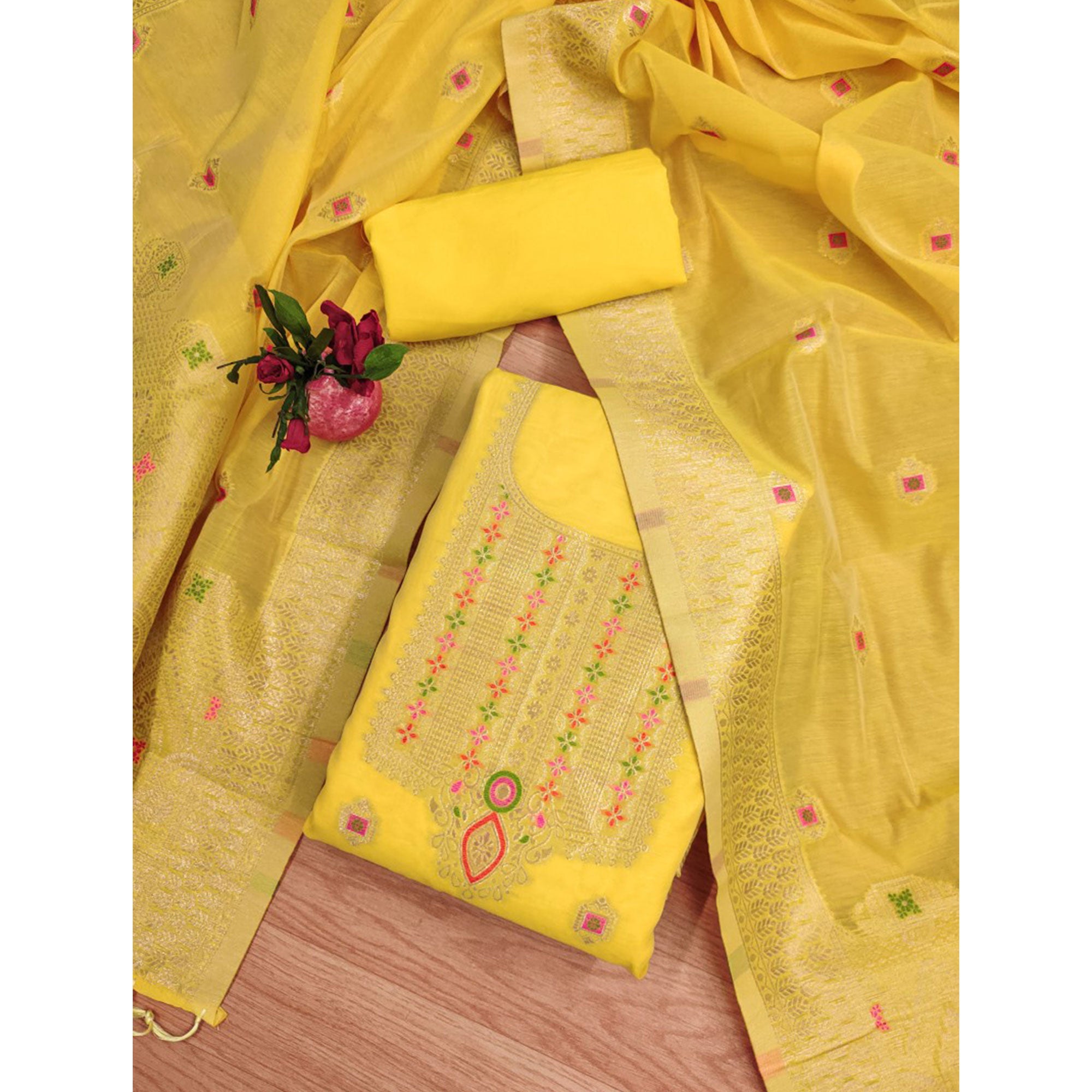 Yellow Floral Woven Chanderi Dress Material