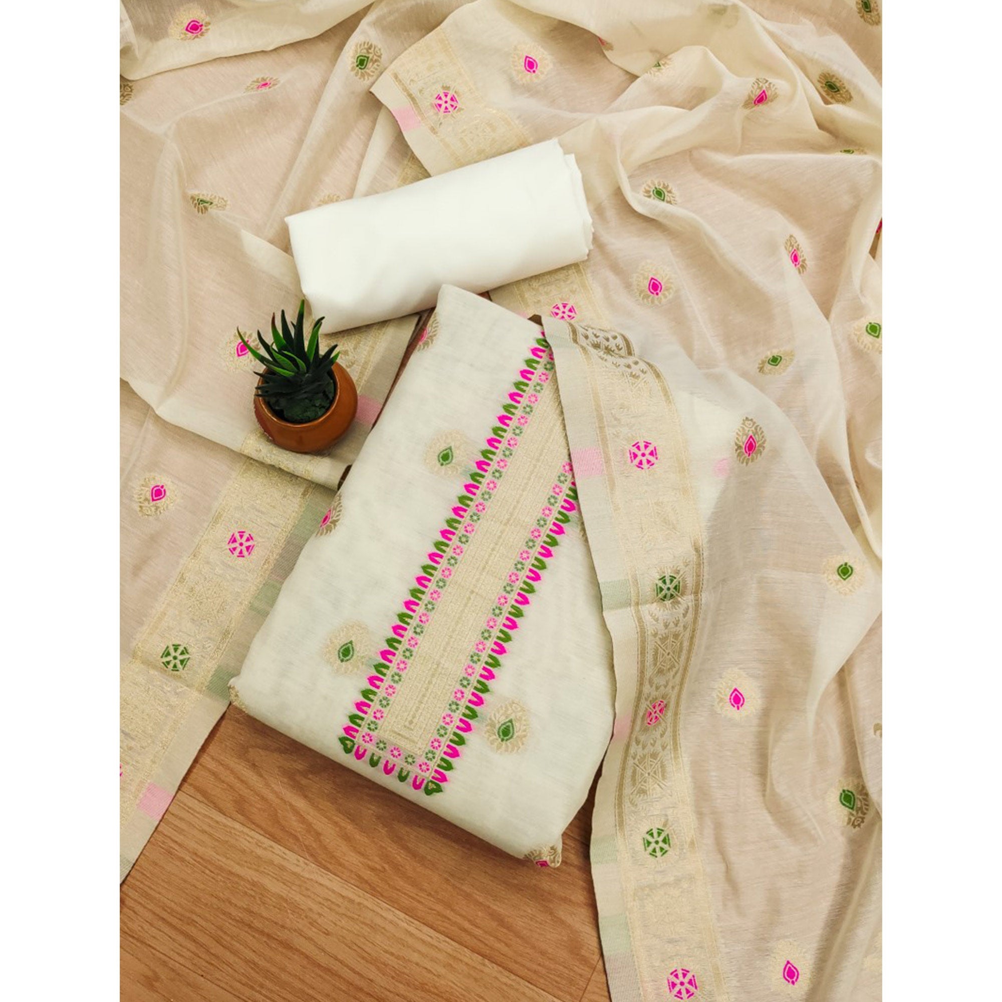 Off White Floral Woven Chanderi Dress Material