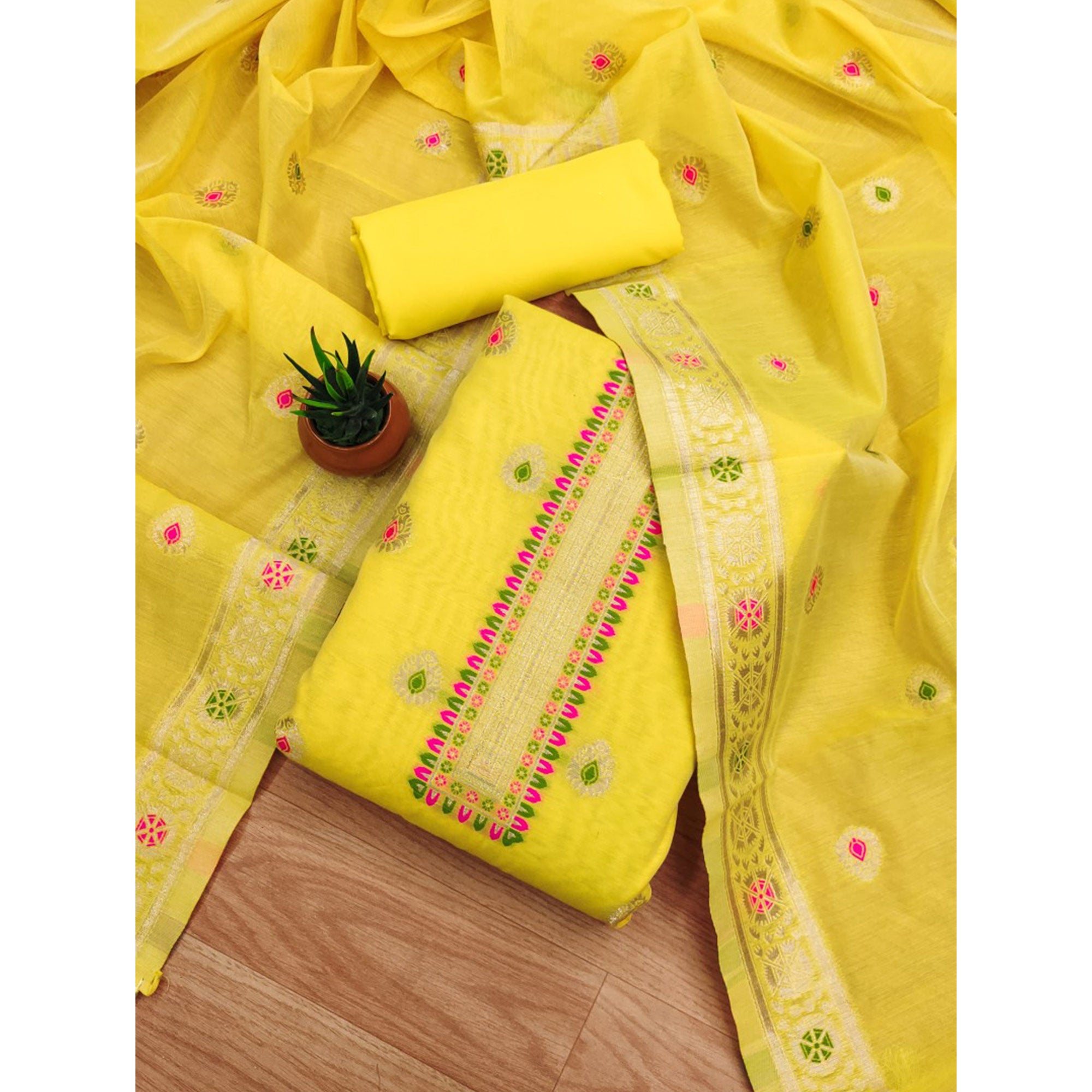 Yellow Floral Woven Chanderi Dress Material