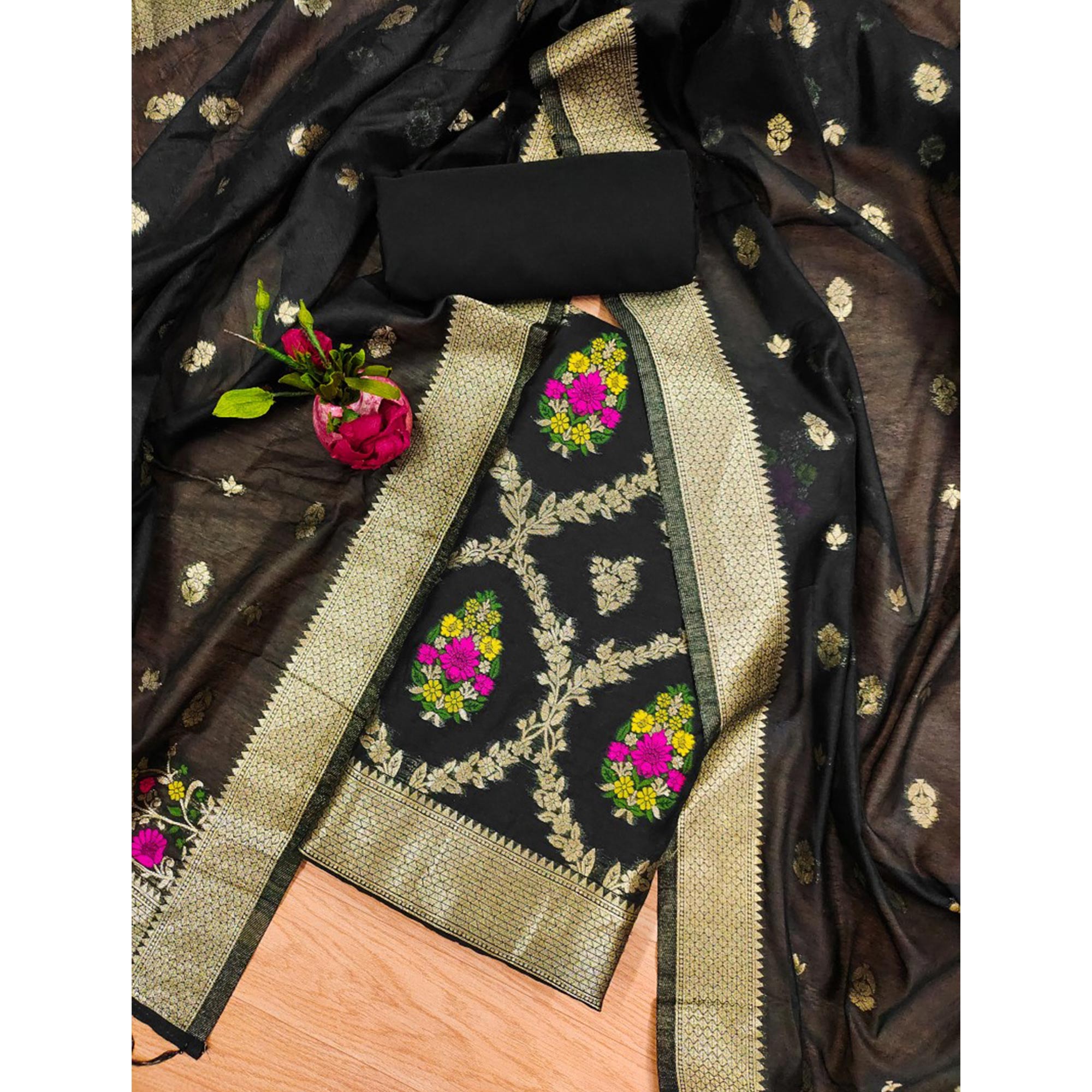 Black Floral Woven Chanderi Dress Material