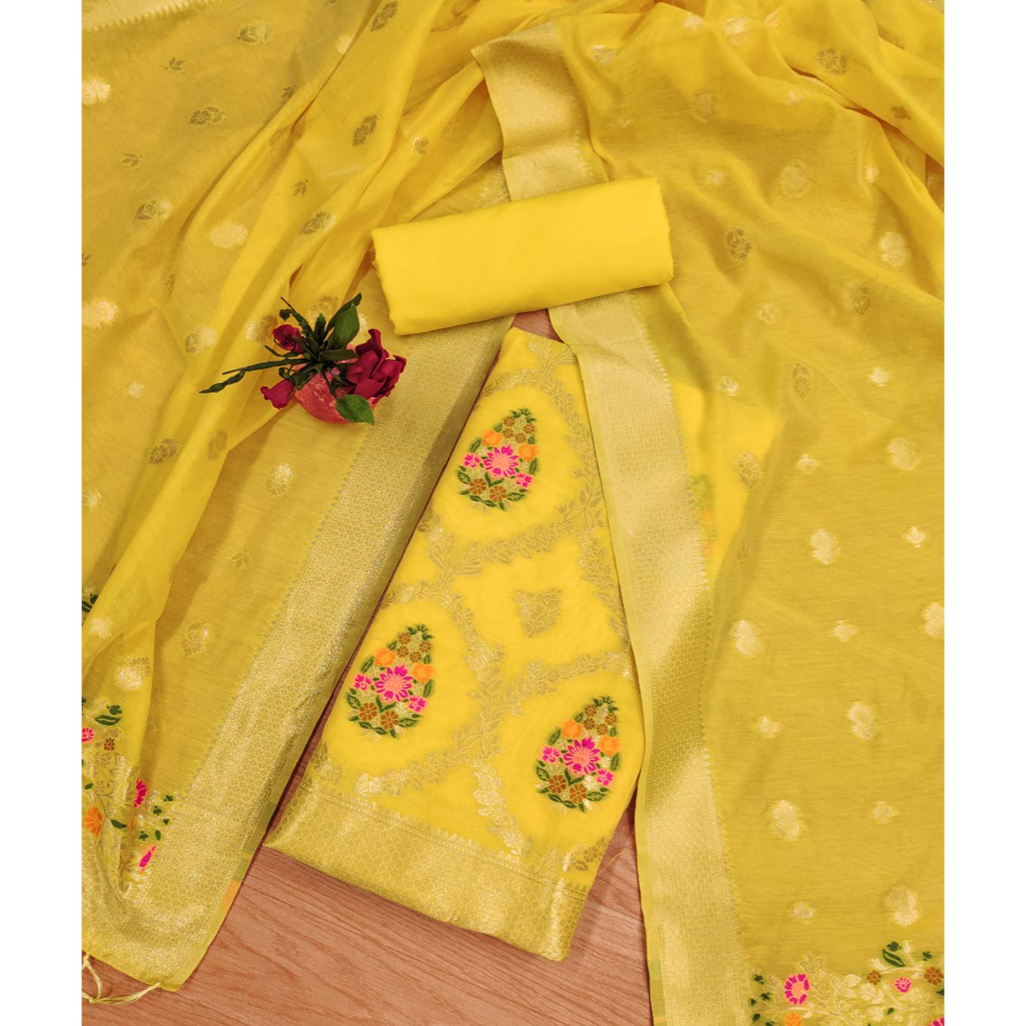 Yellow Floral Woven Chanderi Dress Material