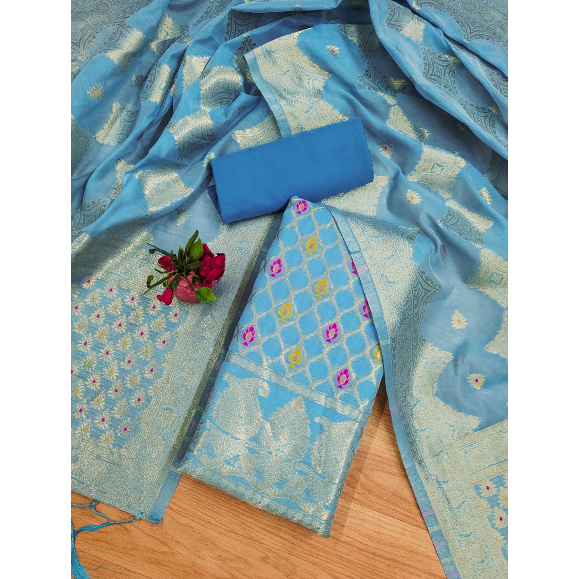 Blue Woven Chanderi Dress Material