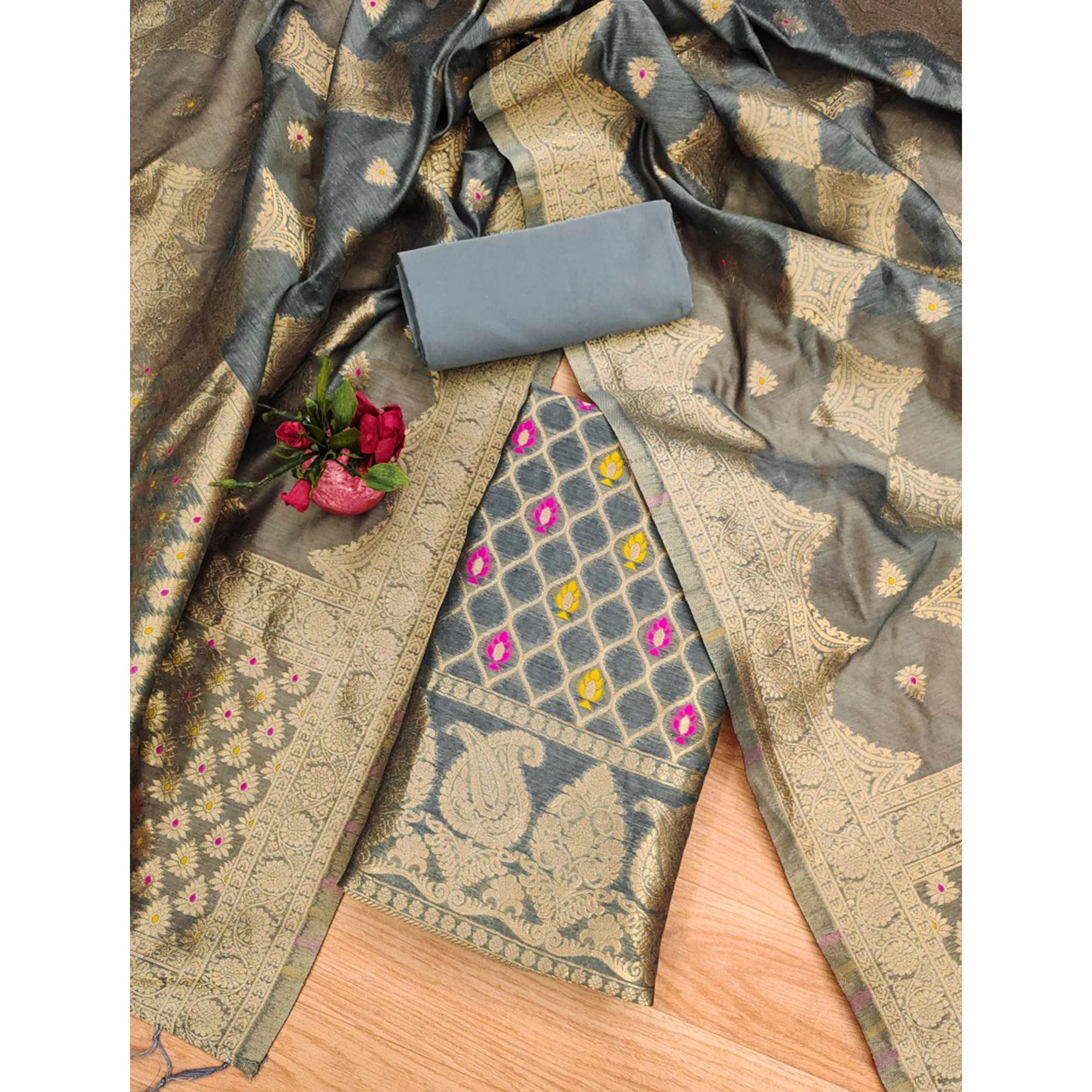 Grey Woven Chanderi Dress Material