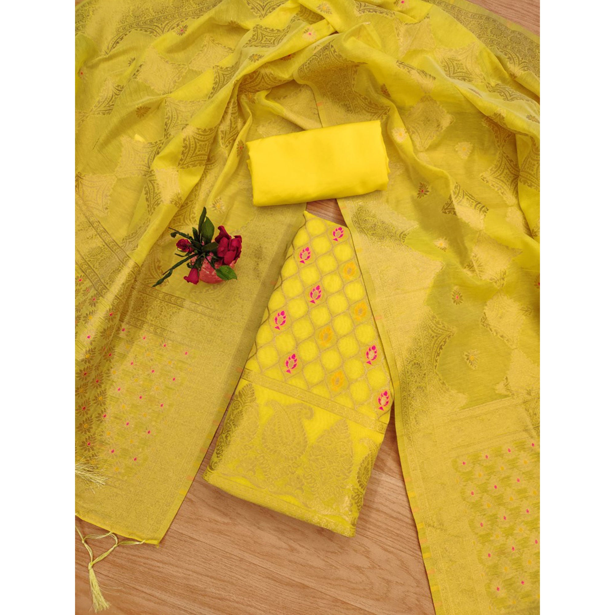 Yellow Woven Chanderi Dress Material