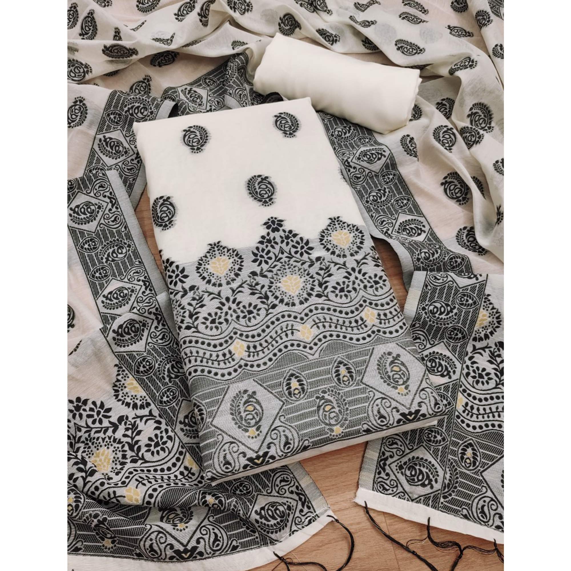 Offwhite & Black Floral Woven Chanderi Dress Material