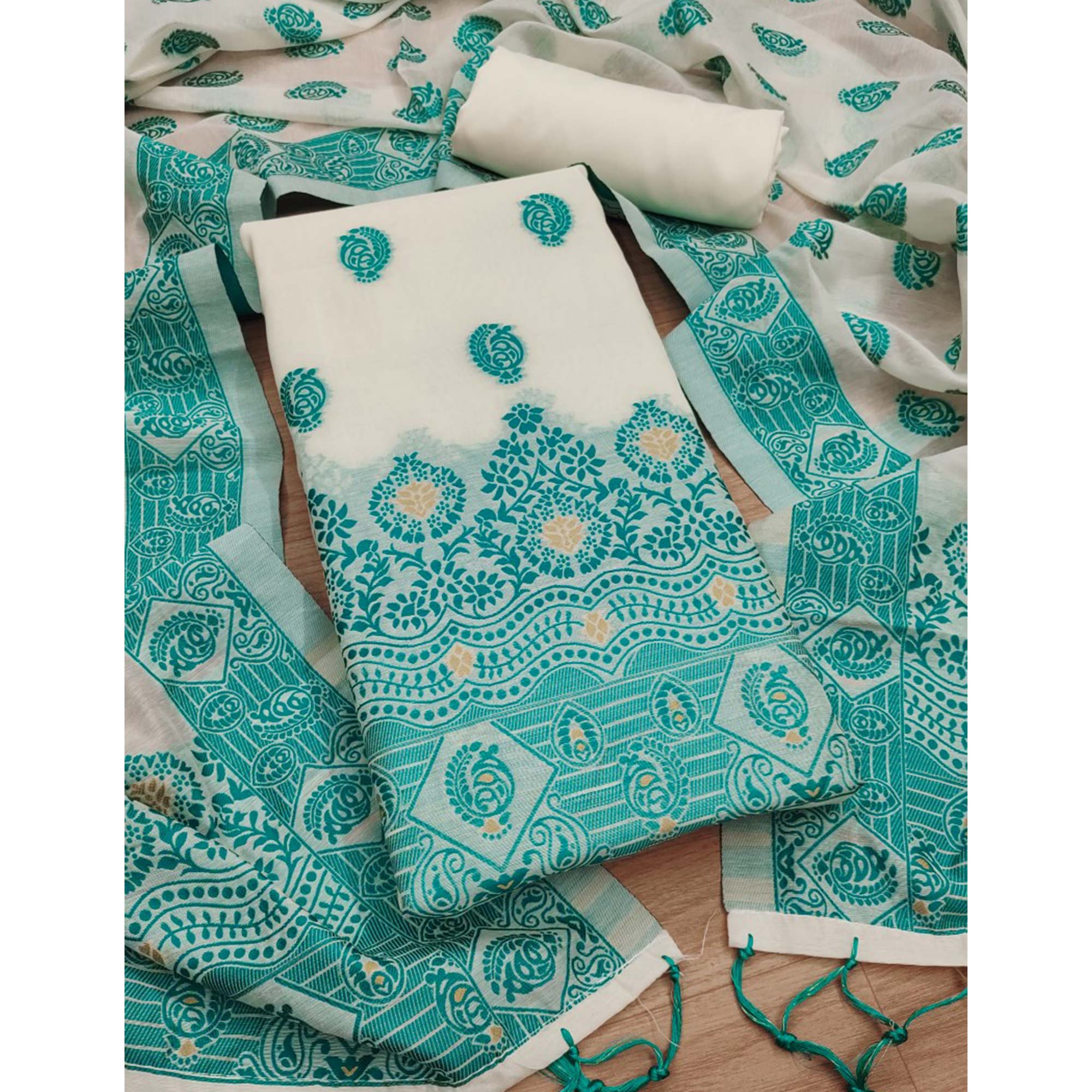 Offwhite & Teal Floral Woven Chanderi Dress Material