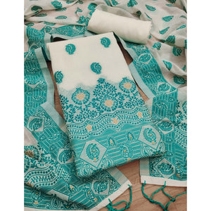 Offwhite & Teal Floral Woven Chanderi Dress Material