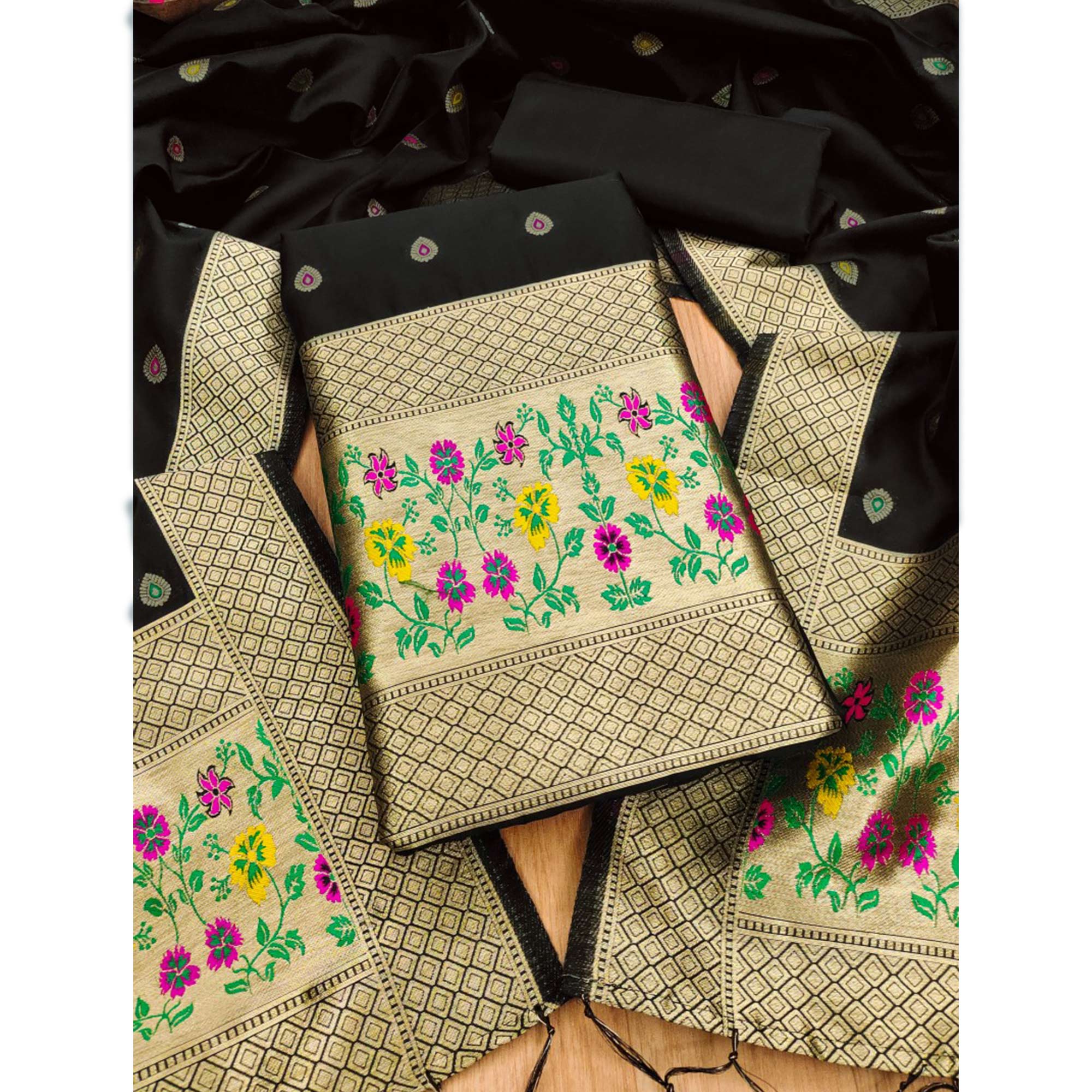 Black Floral Zari Woven Banarasi Silk Dress Material