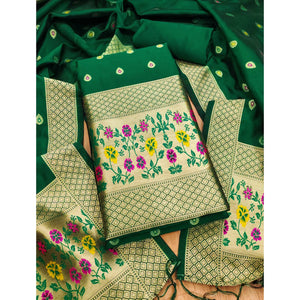 Green Floral Zari Woven Banarasi Silk Dress Material