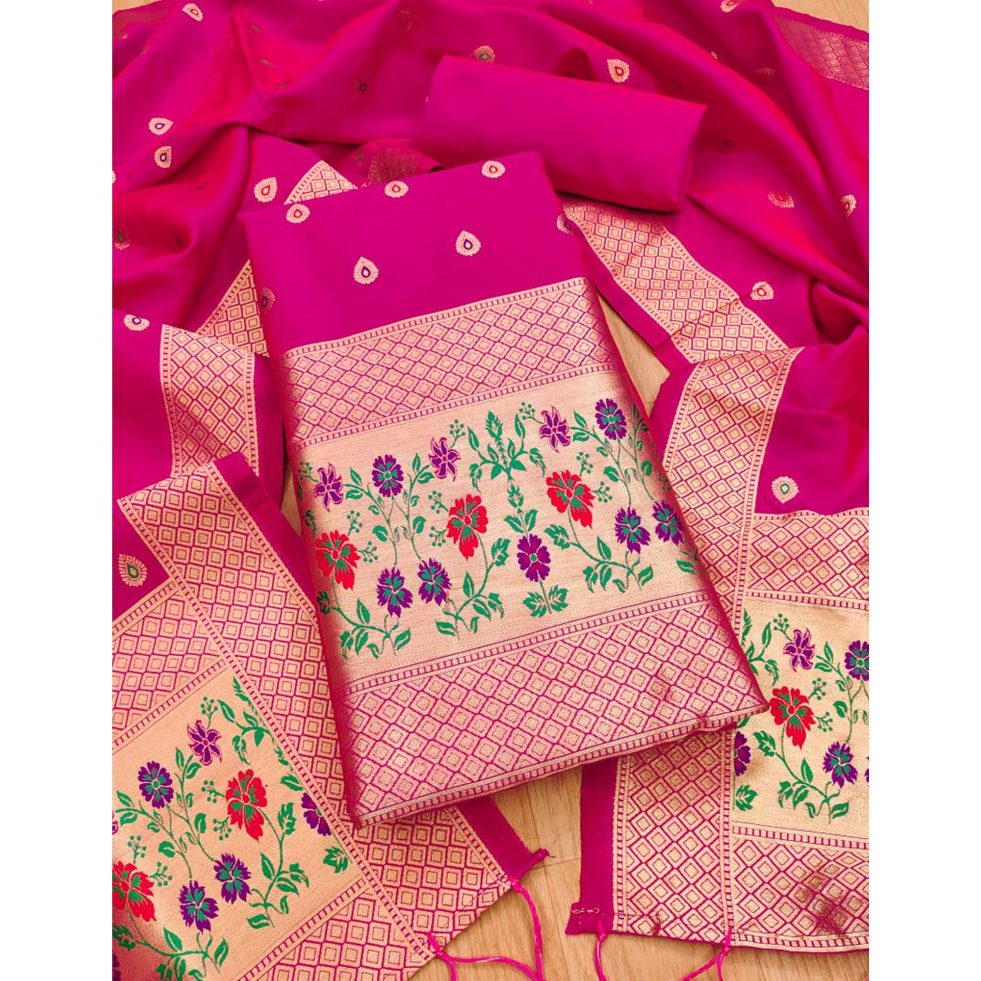 Pink Floral Zari Woven Banarasi Silk Dress Material