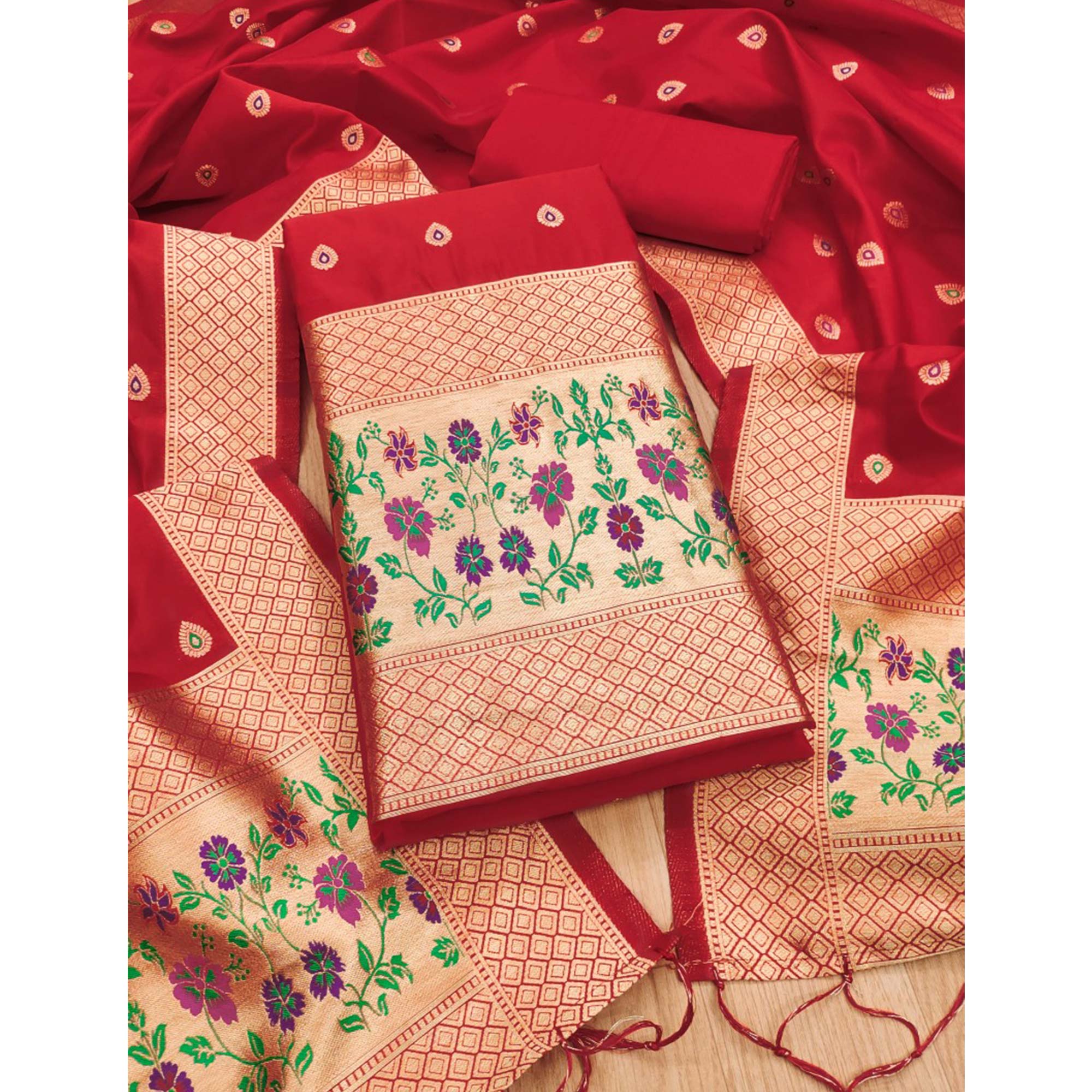 Red Floral Zari Woven Banarasi Silk Dress Material