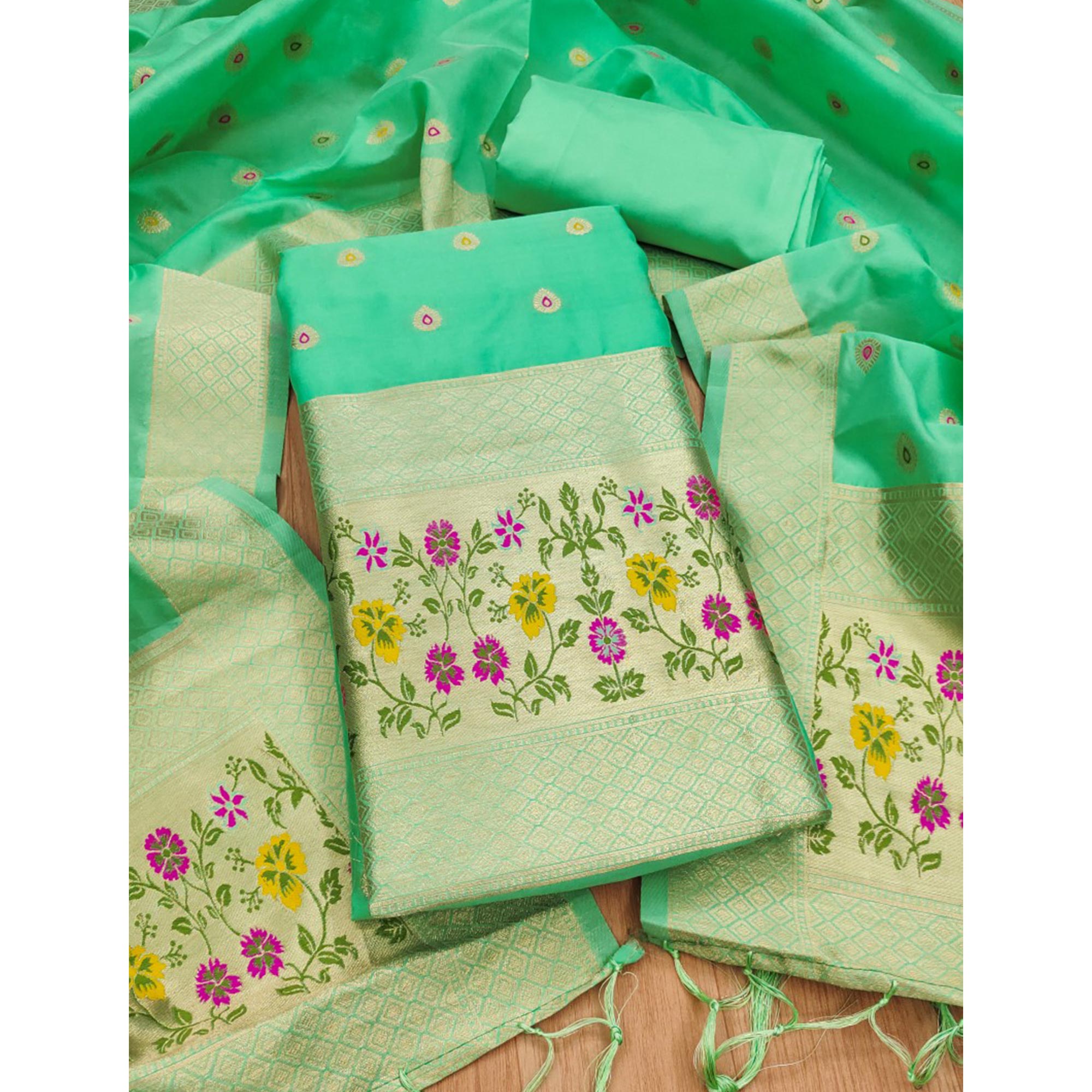 Sea Green Floral Zari Woven Banarasi Silk Dress Material