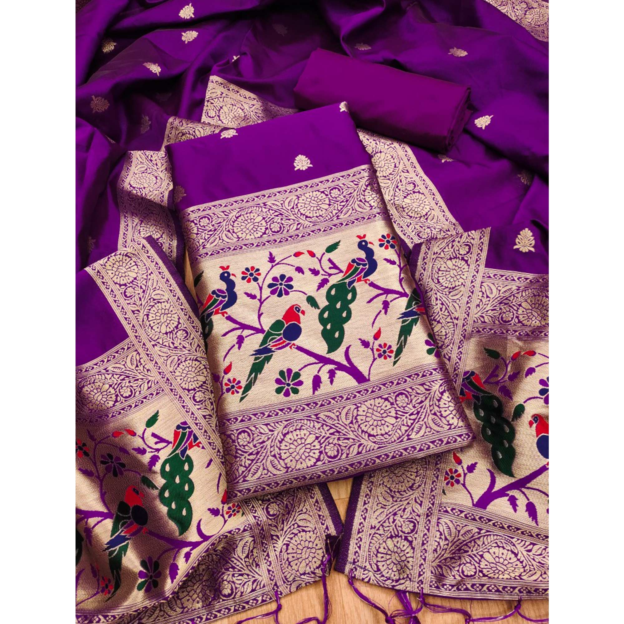 Purple Floral Zari Woven Banarasi Silk Dress Material