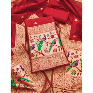 Red Floral Zari Woven Banarasi Silk Dress Material