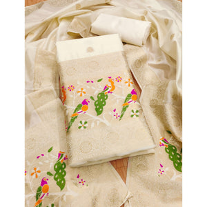 White Floral Zari Woven Banarasi Silk Dress Material