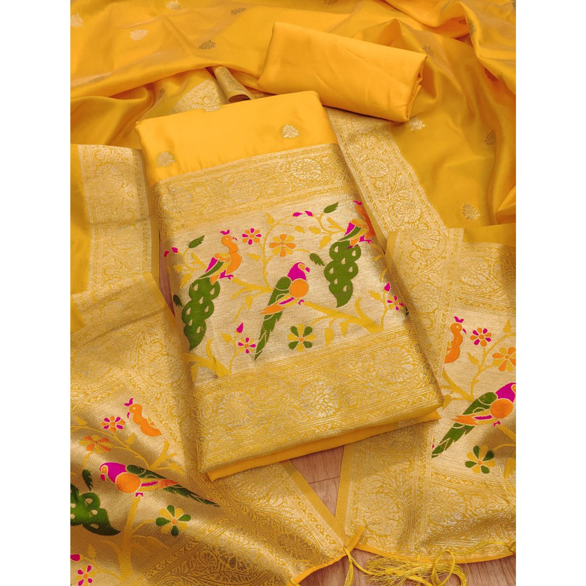 Yellow Floral Zari Woven Banarasi Silk Dress Material