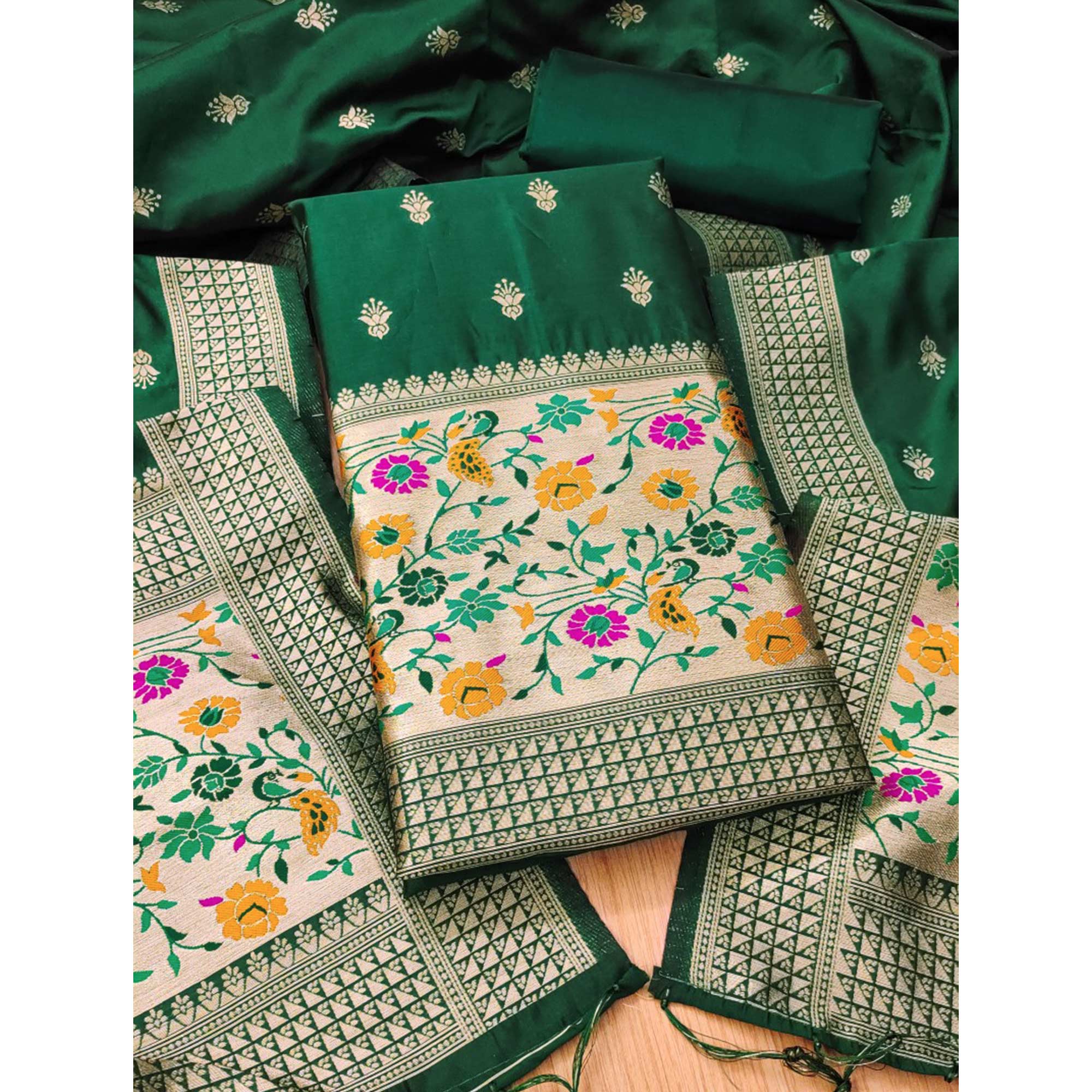 Bottle Green Floral Zari Woven Banarasi Silk Dress Material