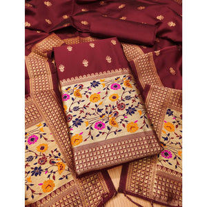 Maroon Floral Zari Woven Banarasi Silk Dress Material