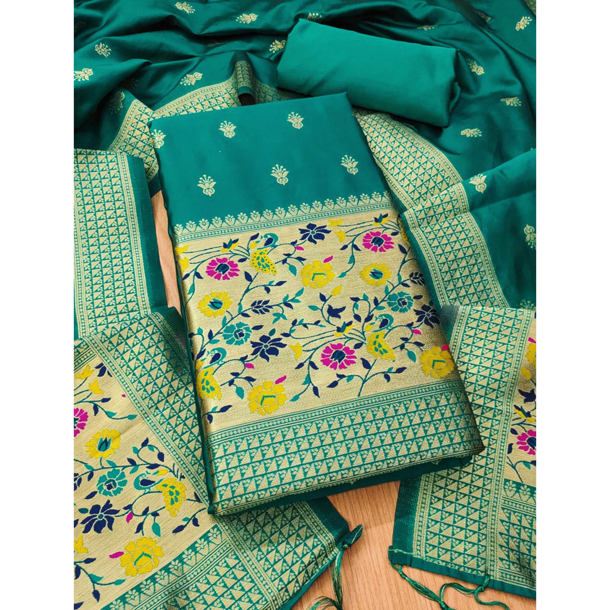 Rama Green Floral Zari Woven Banarasi Silk Dress Material