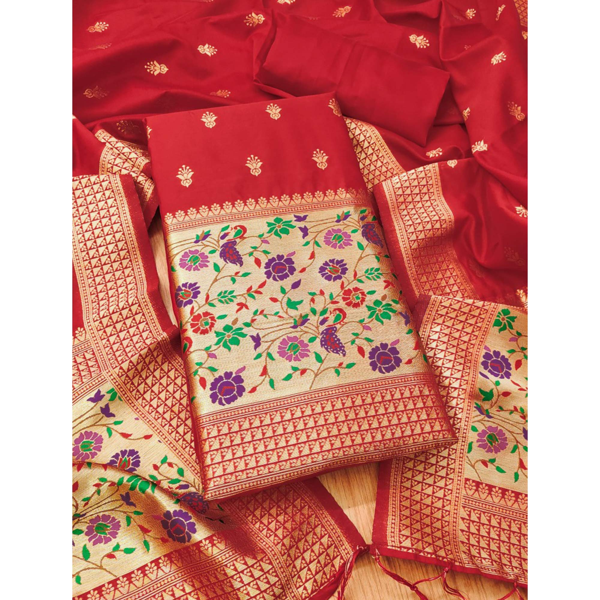 Red Floral Zari Woven Banarasi Silk Dress Material