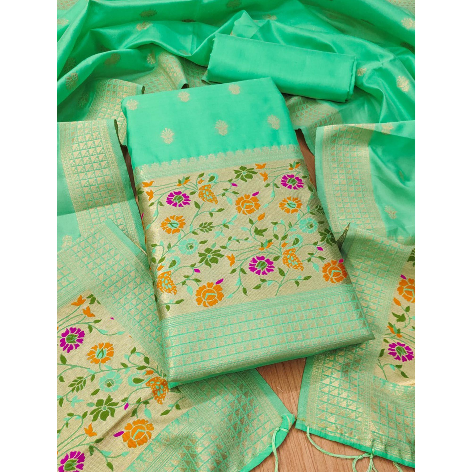 Sea Green Floral Zari Woven Banarasi Silk Dress Material