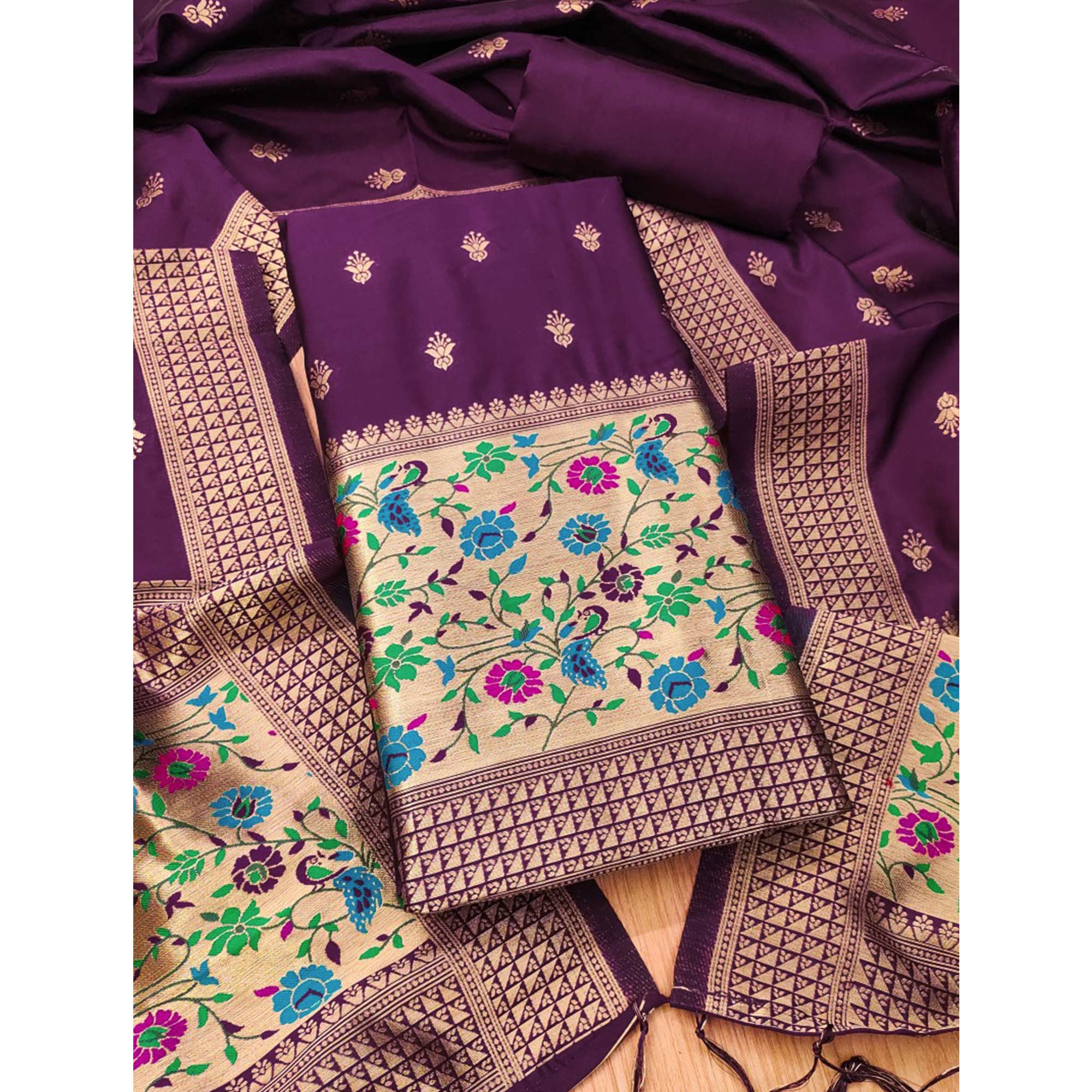 Wine Floral Zari Woven Banarasi Silk Dress Material