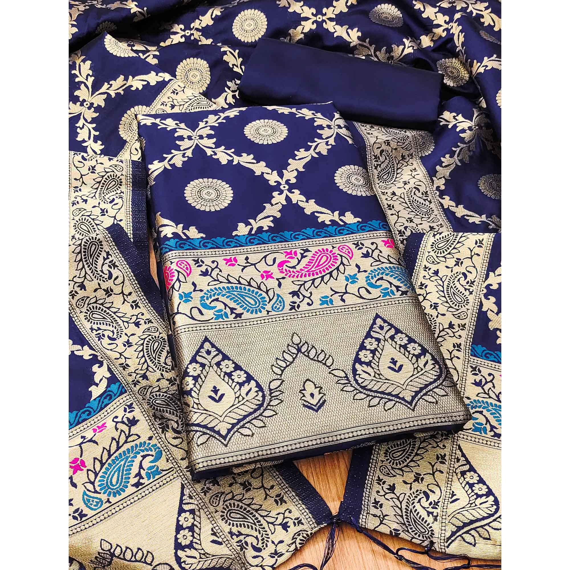 Navy Blue Zari Woven Banarasi Silk Dress Material With Elegant Floral Motifs