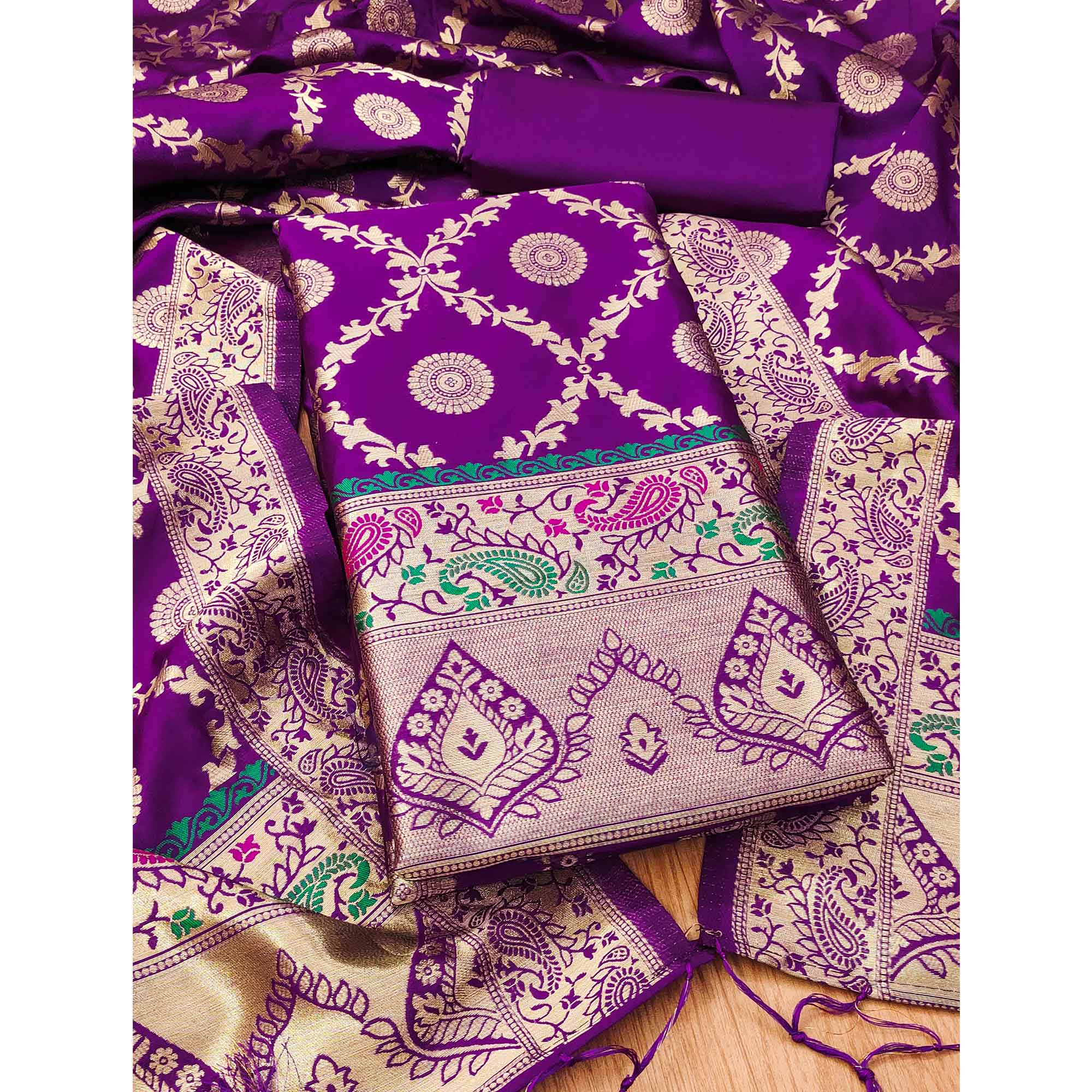 Purple Zari Woven Banarasi Silk Dress Material With Elegant Floral Motifs