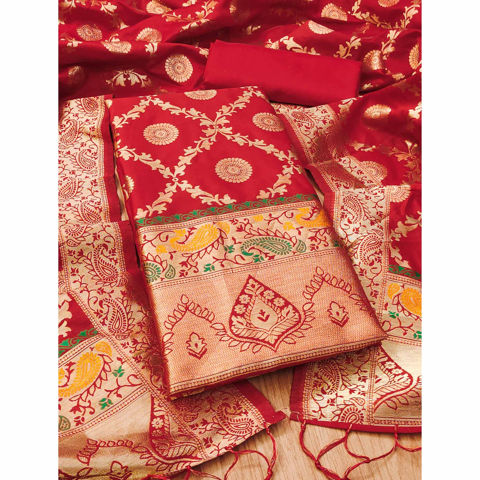 Red Zari Woven Banarasi Silk Dress Material With Elegant Floral Motifs
