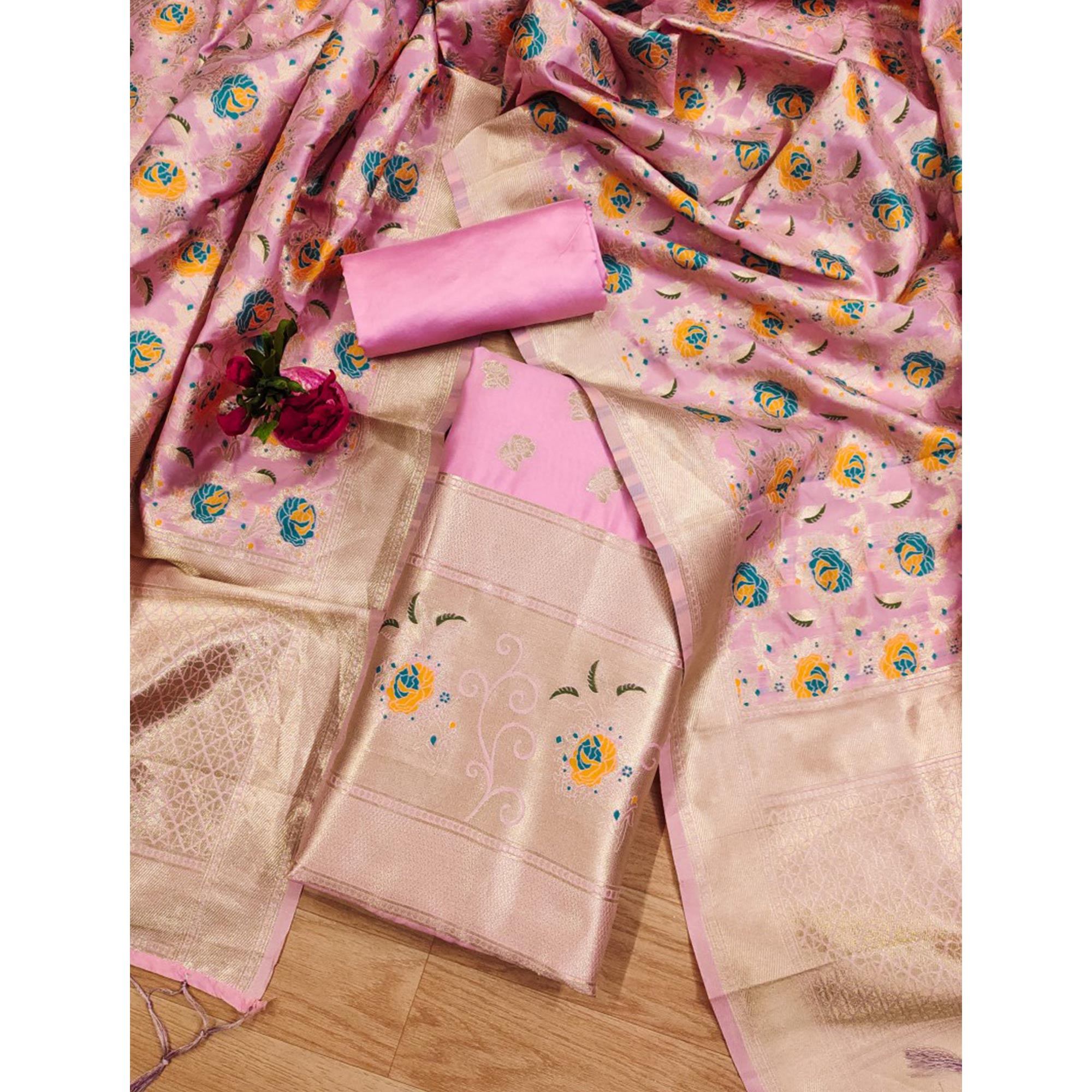 Baby Pink Floral Woven Banarasi Silk Dress Material