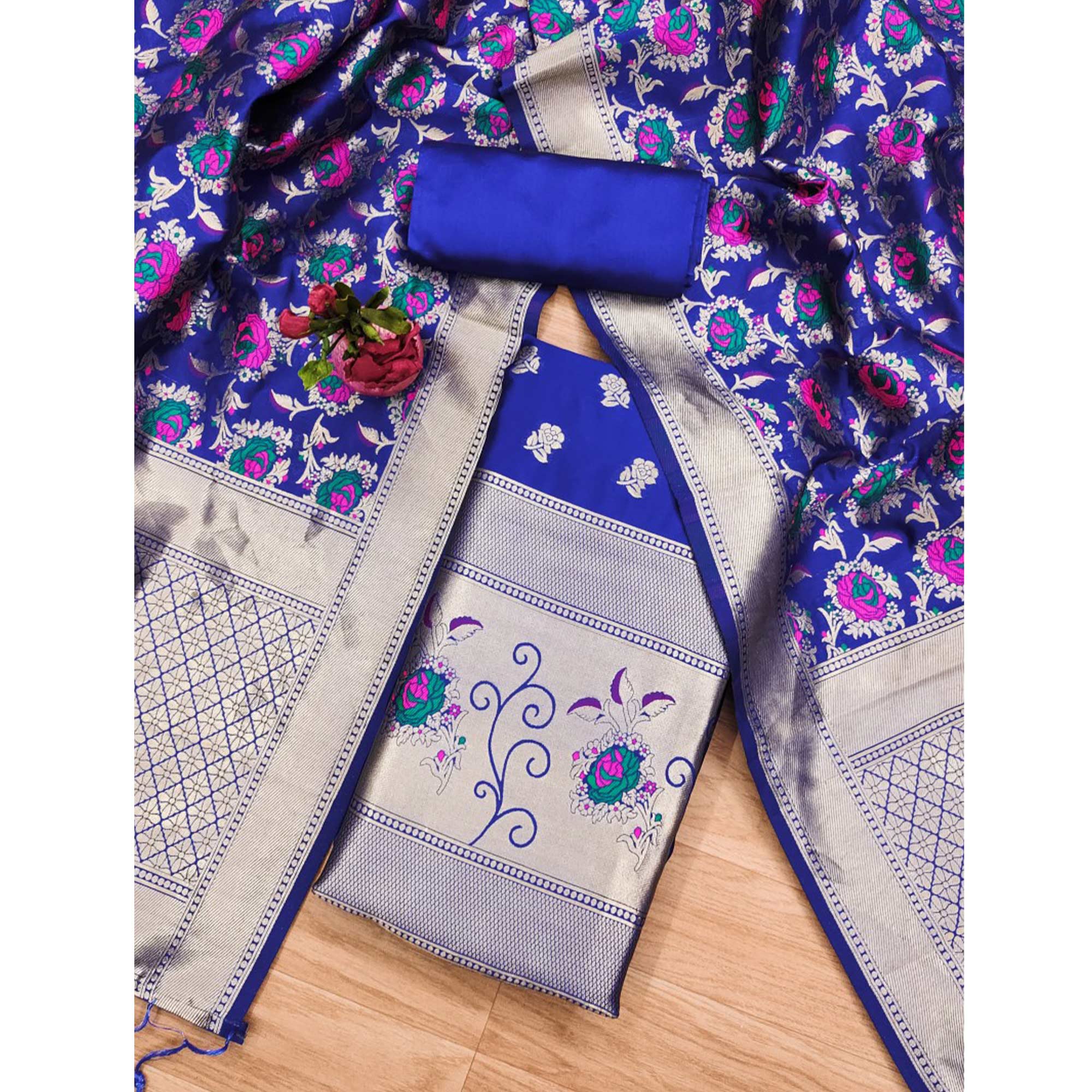 Royal Blue Floral Woven Banarasi Silk Dress Material