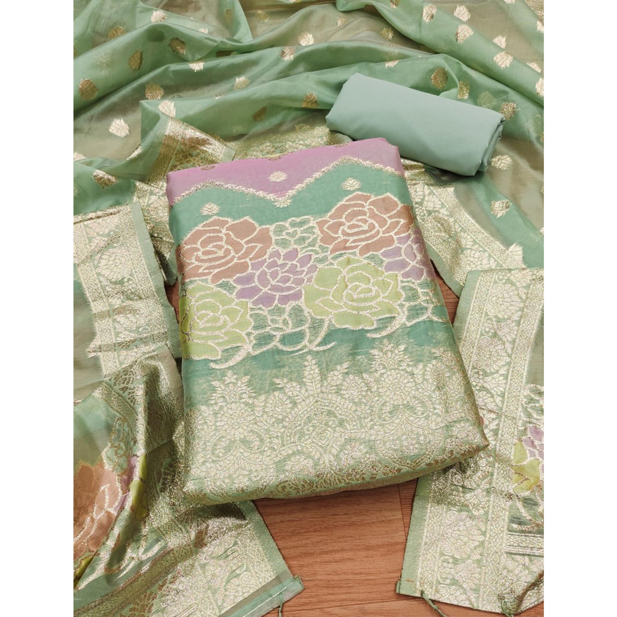 Green Floral Woven Organza Dress Material