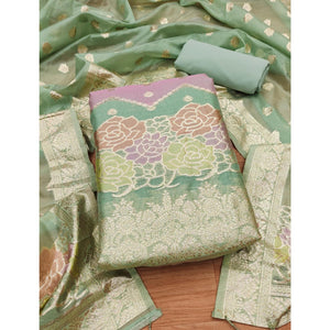 Green Floral Woven Organza Dress Material