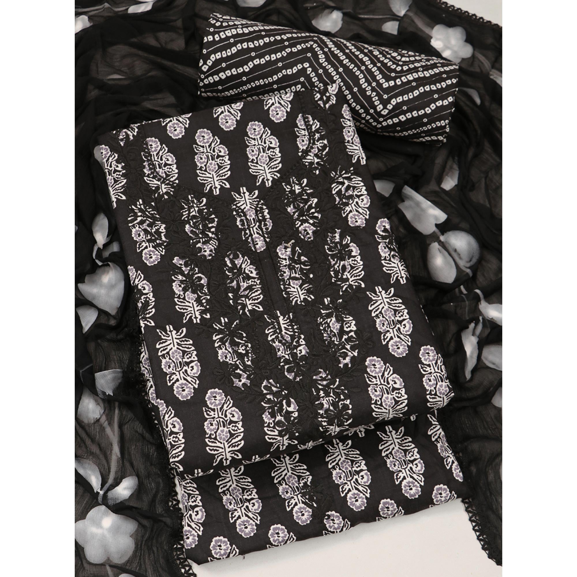 Black Printed With Embroidery Pure Cotton Dress Material