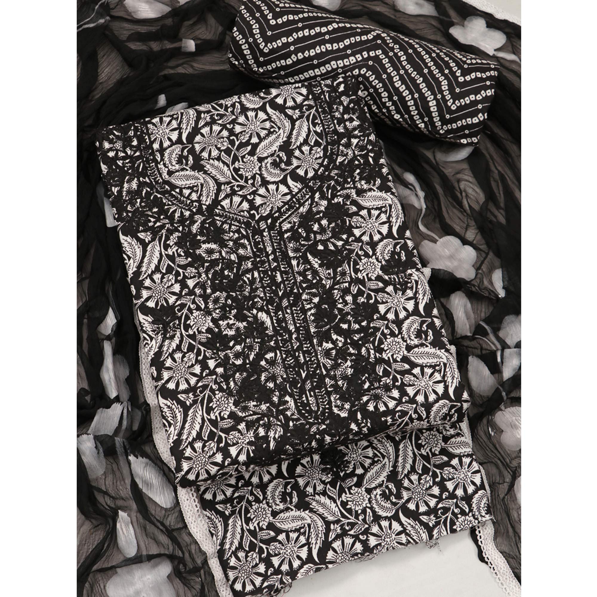 Black Printed With Embroidery Pure Cotton Dress Material