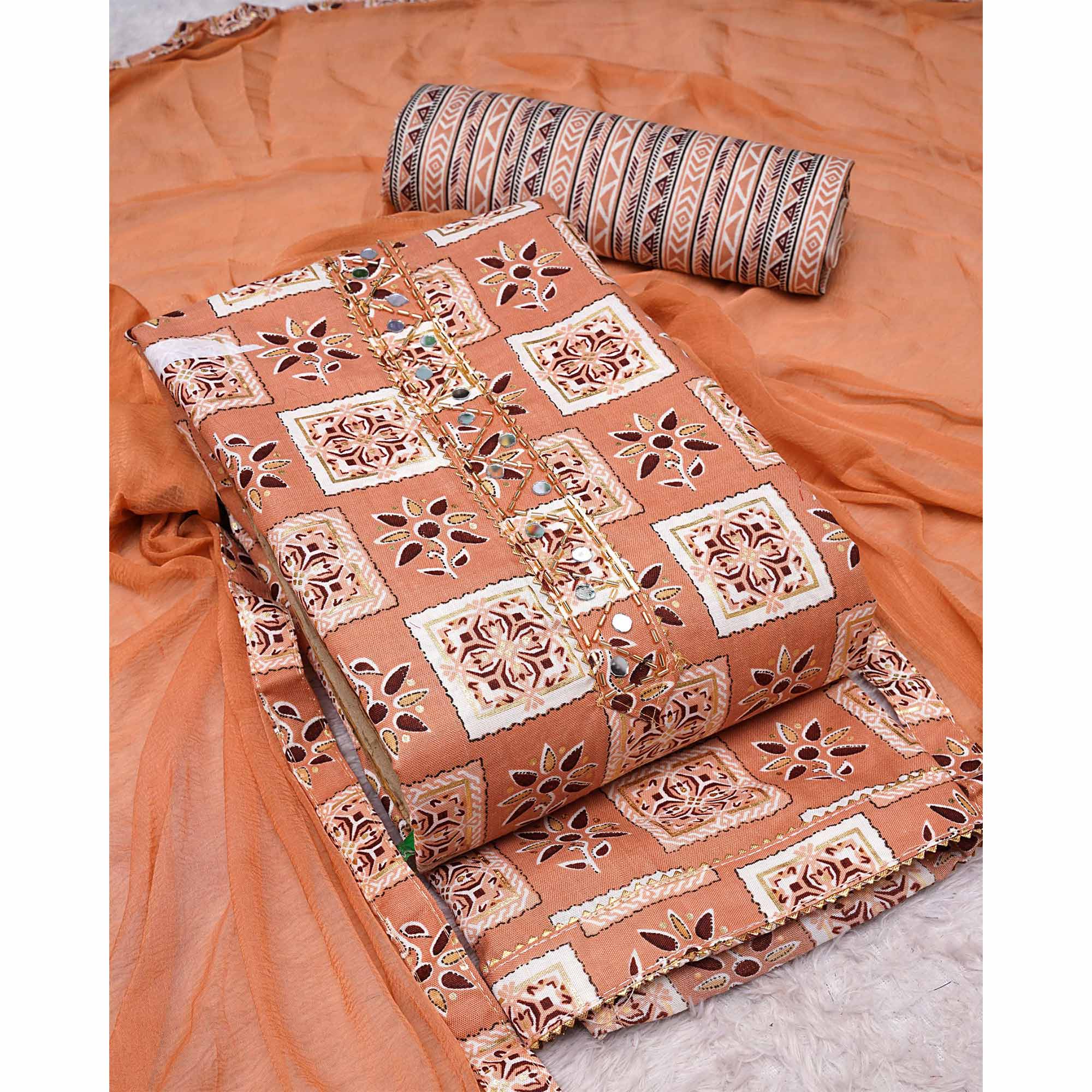 Peach Floral Printed Pure Cotton Dress Material