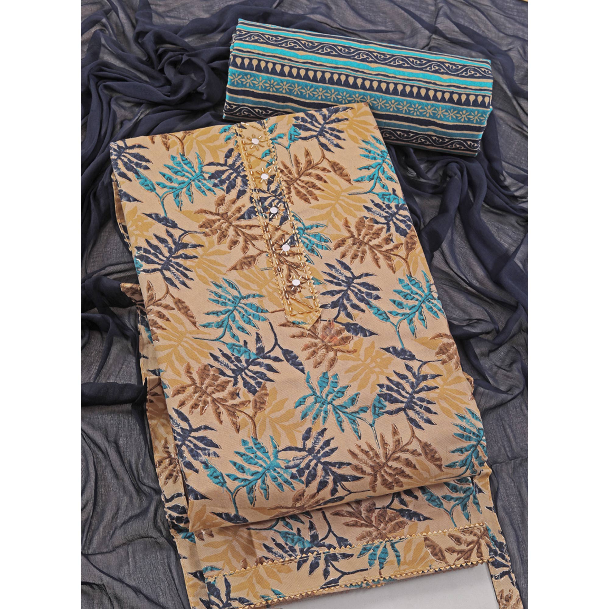 Chikoo & Navy Blue Foil Printed With Handwork Pure Pure Cotton Dress Material