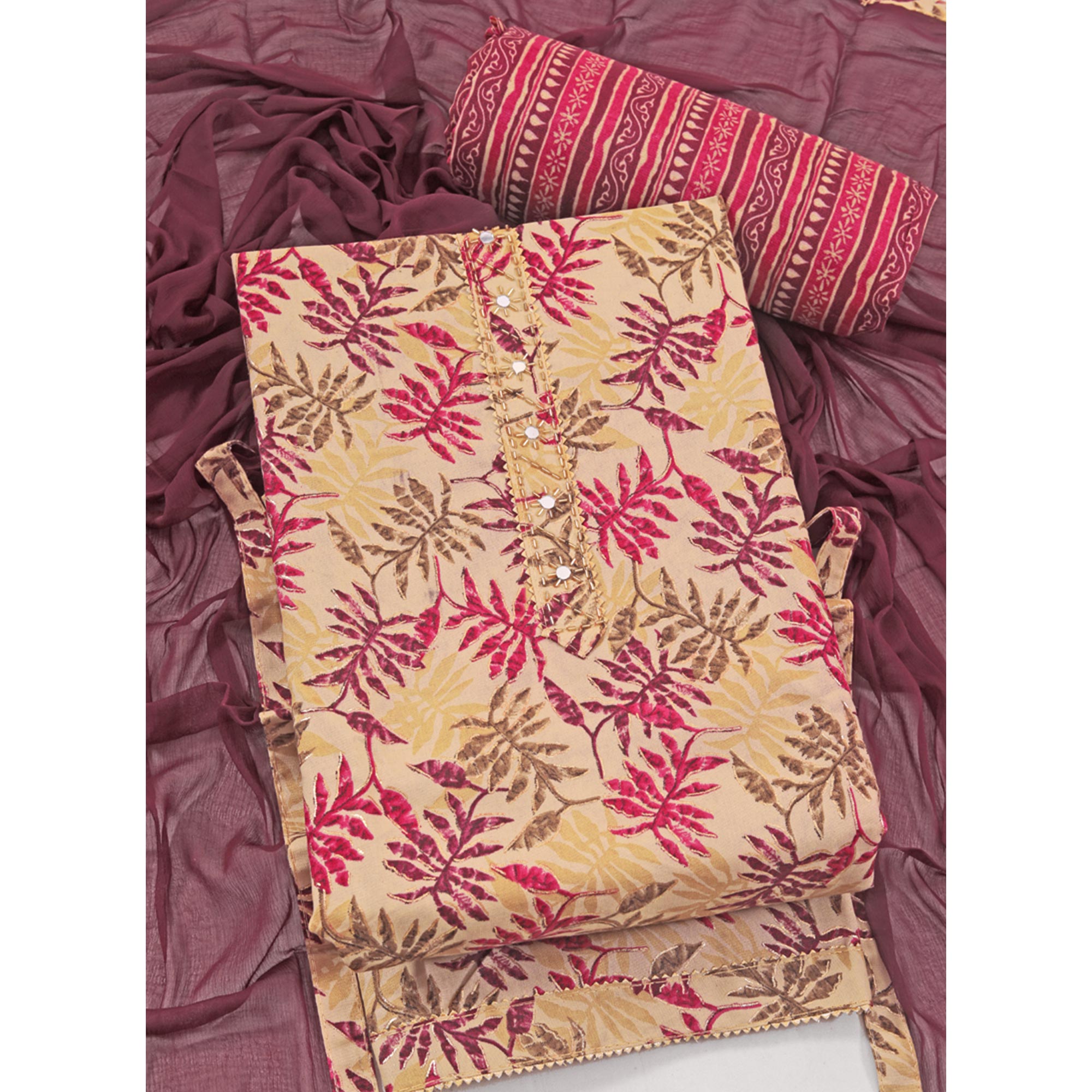 Chikoo & Wine Foil Printed With Handwork Pure Pure Cotton Dress Material