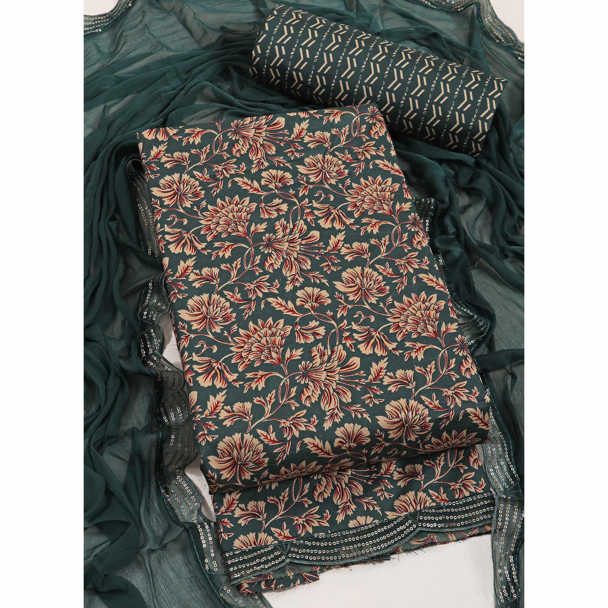 Teal Floral Foil Printed Cotton Blend Dress Material