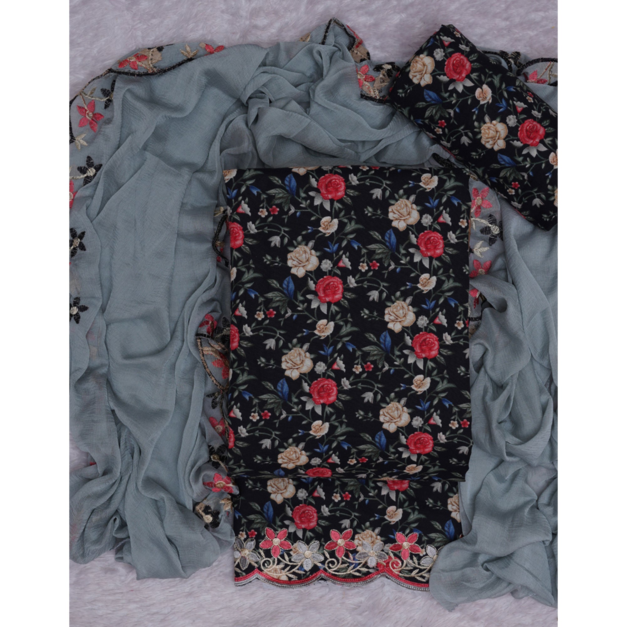 Black Floral Printed With Embroidery Cotton Silk Dress Material