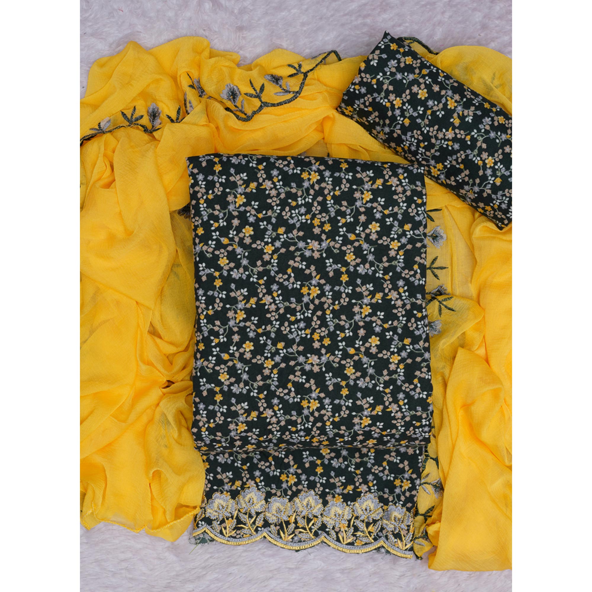 Bottle Green Floral Printed With Embroidery Cotton Silk Dress Material