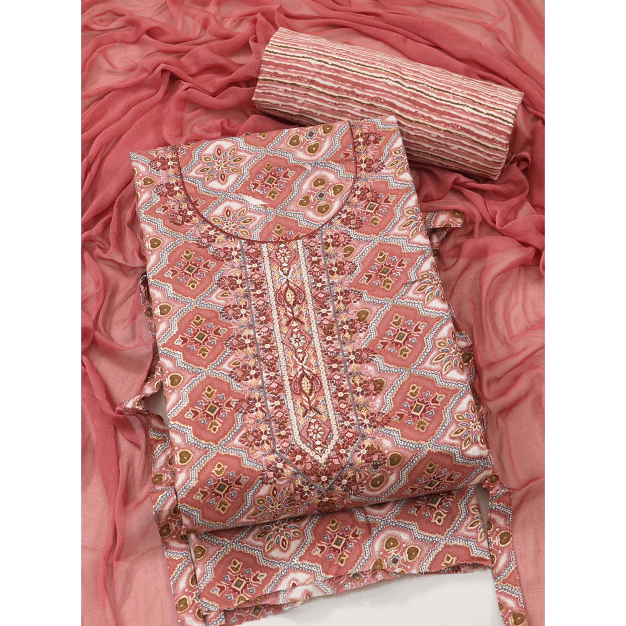 Peach Foil Print With Embroidered Pure Cotton Dress Material