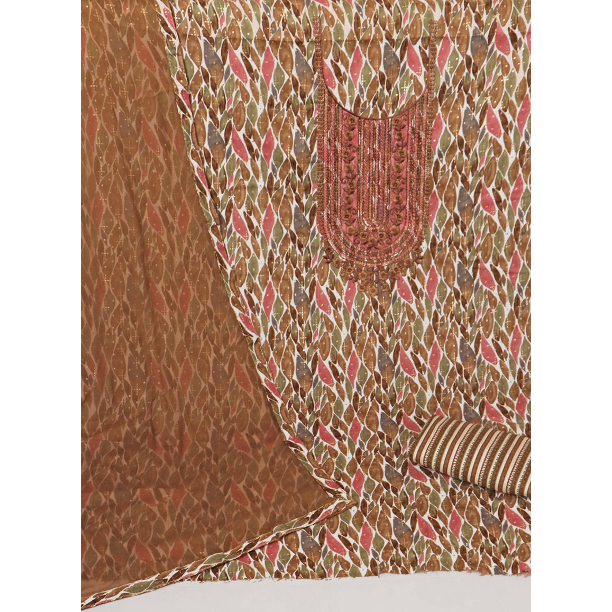 Brown Foil Printed With Embroidery Pure Cotton Dress Material