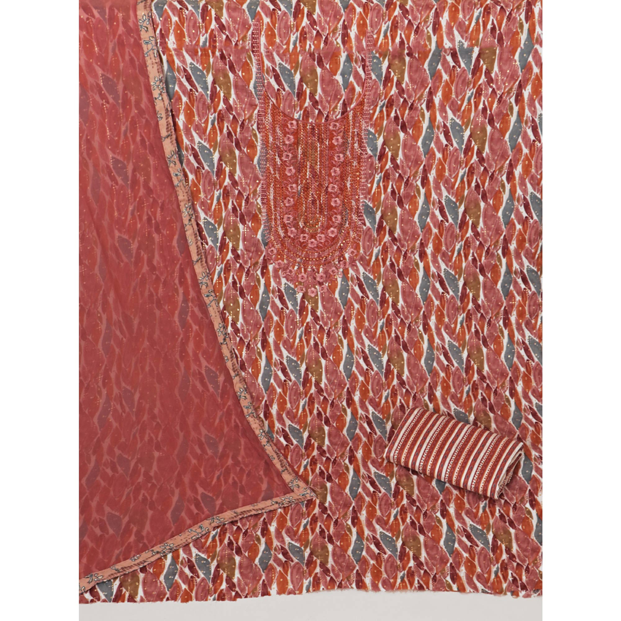 Peach Foil Printed With Embroidery Pure Cotton Dress Material