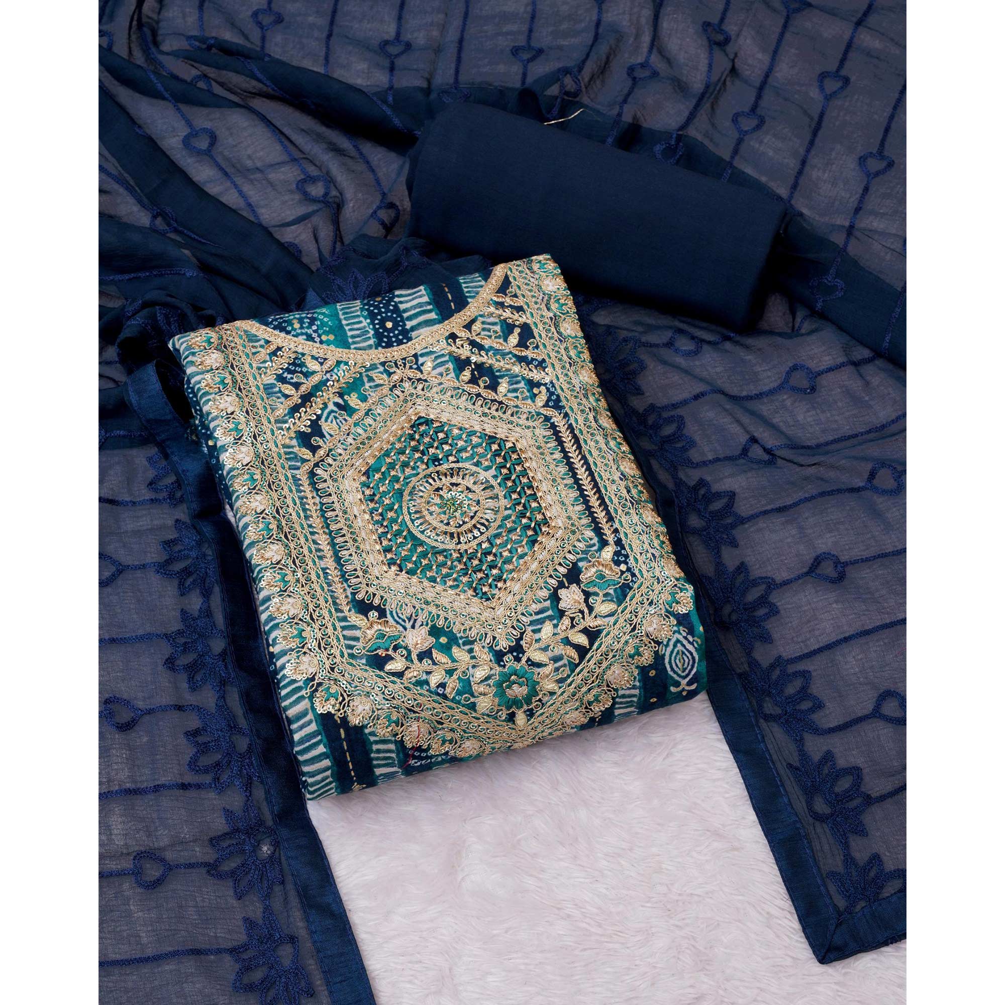 Teal Blue Bandhani Printed Rayon Dress Material